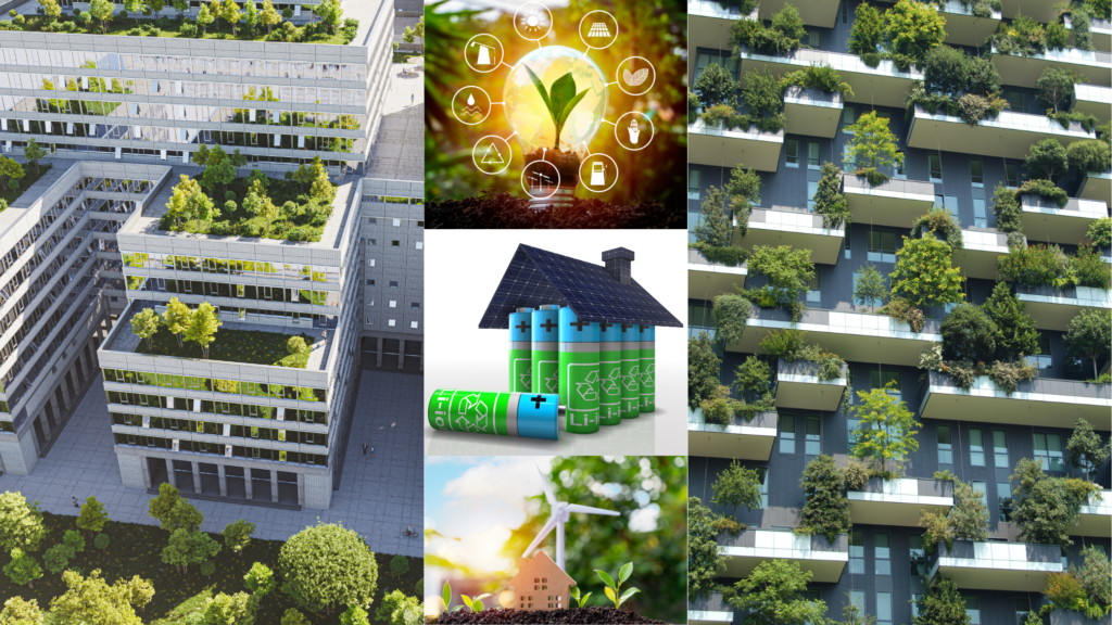 A collage poster showing buildings with plants over it. Three vectors representing green buildings and buildings with sustainable settings.